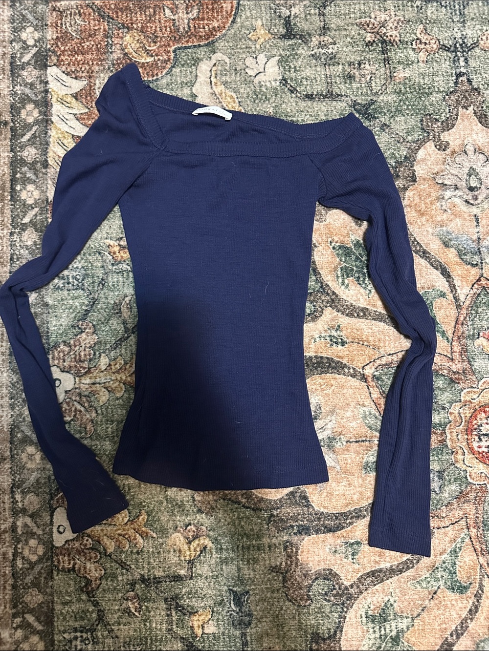 Kookai Navy Off-Shoulder Ribbed Long Sleeve Top merino wool